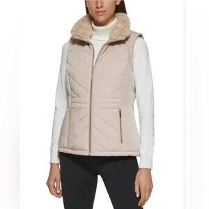 Calvin Klein Neutral Color Faux Fur Collar Puffer‎ Vest Beige Small Nordic Chic